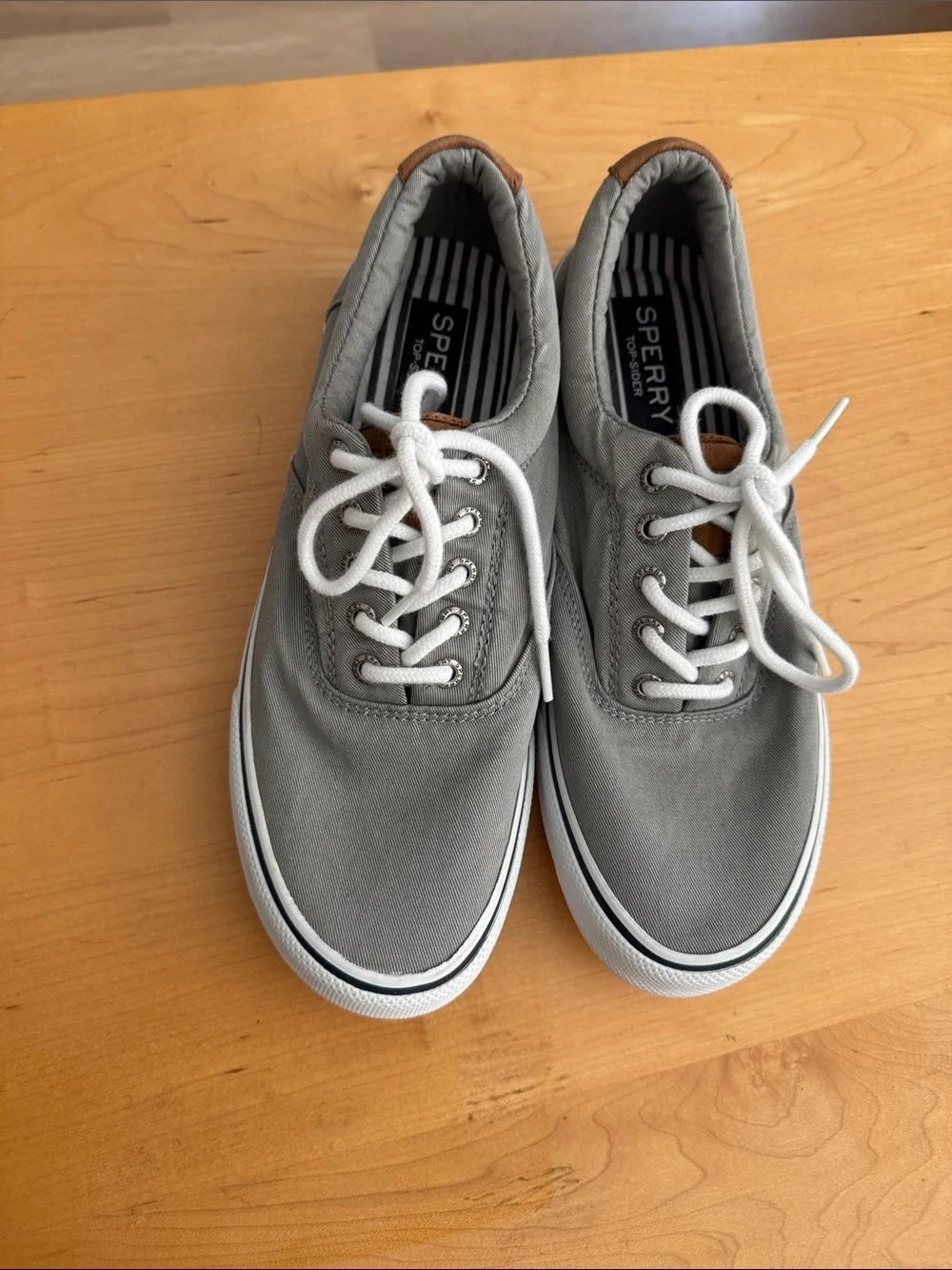 Sperry Men’s Gray Canvas Boat Shoes with White Laces and Tan Accents